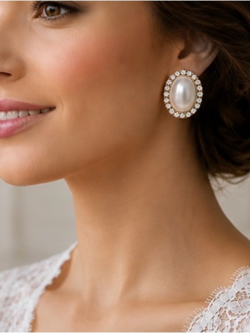 Pearl & Crystal Halo Stud Earrings in White and Gold